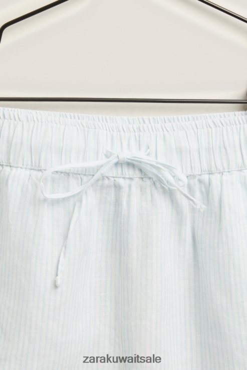 ملابس Zara شورت كتان مخطط أزرق فاتح نحيف X42BR41807