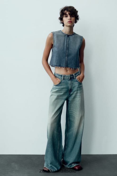ملابس Zara تي آر إف توب قصير من الدنيم أزرق نحيف X42BR4259