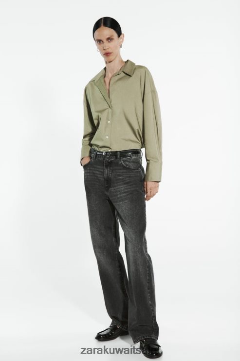 ملابس Zara قميص البوبلين كاكي فاتح نحيف X42BR4297